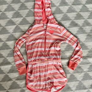 Striped Pink Terrycloth Hooded Kids Swim Romper